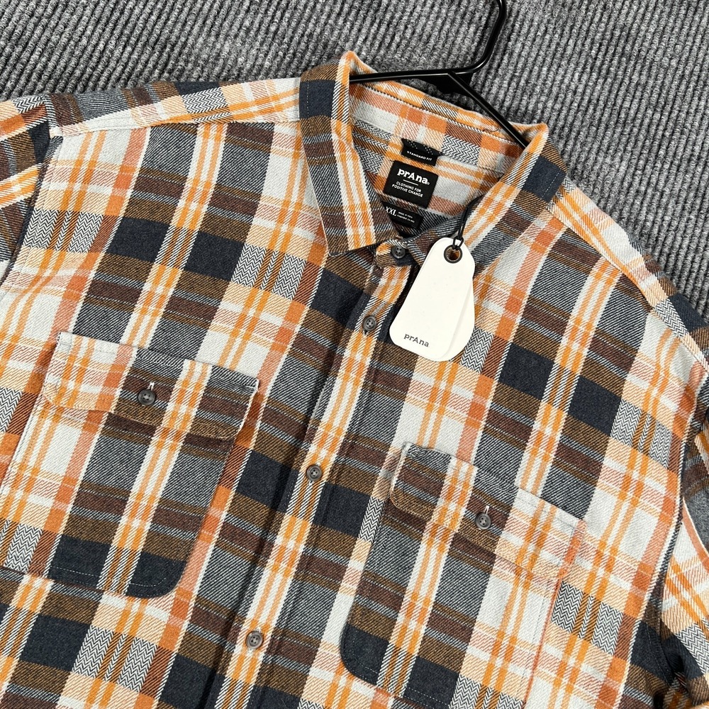 Prana Flannel Shirt Mens 2XL XXL Orange Plaid Long Sleeve Button Up Standard New